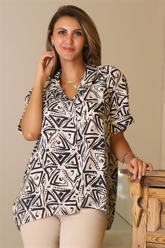 KATLAMALI KOL DESENLİ EKRU İSİYAH  KADIN GÖMLEK 29751-2Y5