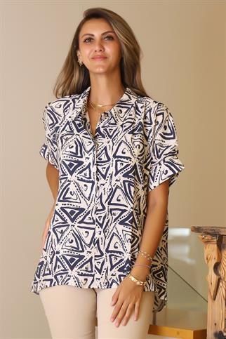 KATLAMALI KOL DESENLİ EKRU İNDİGO KADIN GÖMLEK  29751-2Y5