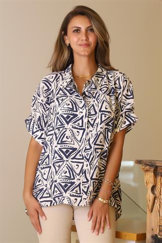 KATLAMALI KOL DESENLİ EKRU İNDİGO KADIN GÖMLEK  29751-2Y5