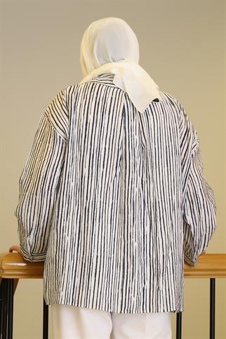 SİYAH BEYAZ ÇİZGİLİ UZUN KOLLU KADIN GÖMLEK  7499-2Y5