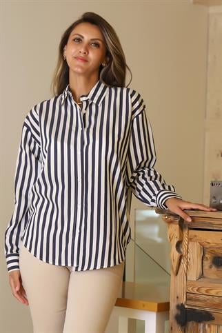 UZUN KOLLU ÇİZGİLİ LACİ KADIN GÖMLEK  7844-2Y5