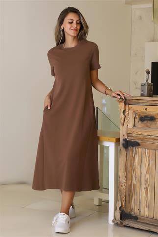 SIFIR YAKA KISA KOLLU KAHVE KADIN ELBİSE S0014266-2Y5