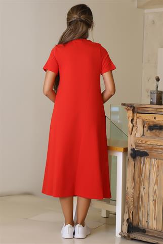 SIFIR YAKA KISA KOLLU KIRMIZI KADIN ELBİSE  S0014266-2Y5