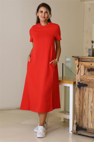 SIFIR YAKA KISA KOLLU KIRMIZI KADIN ELBİSE  S0014266-2Y5