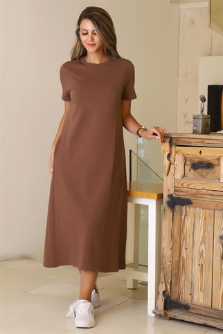 SIFIR YAKA KISA KOLLU KAHVE KADIN ELBİSE S0014266-2Y5