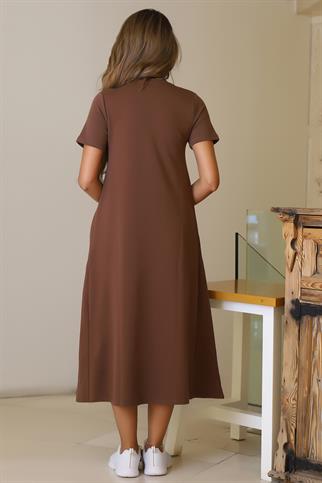 SIFIR YAKA KISA KOLLU KAHVE KADIN ELBİSE S0014266-2Y5