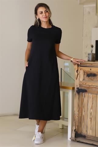 SIFIR YAKA KISA KOLLU SİYAH  KADIN ELBİSE S0014266-2Y5