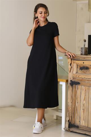 SIFIR YAKA KISA KOLLU SİYAH  KADIN ELBİSE S0014266-2Y5
