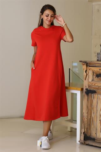 SIFIR YAKA KISA KOLLU KIRMIZI KADIN ELBİSE  S0014266-2Y5