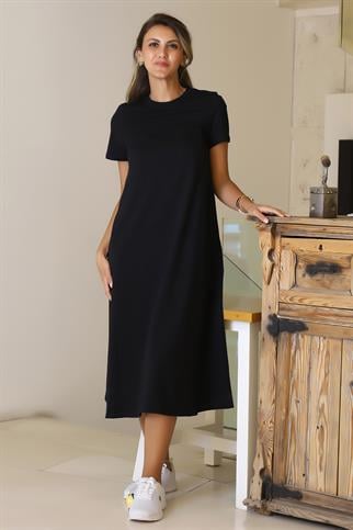 SIFIR YAKA KISA KOLLU SİYAH  KADIN ELBİSE S0014266-2Y5