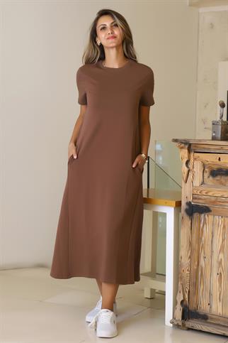 SIFIR YAKA KISA KOLLU KAHVE KADIN ELBİSE S0014266-2Y5