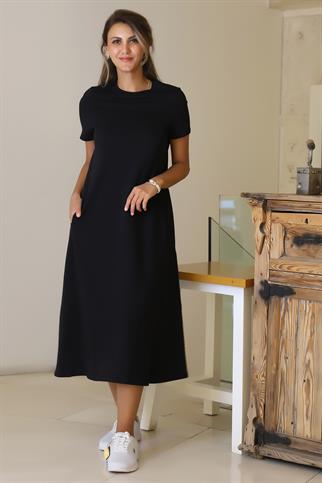 SIFIR YAKA KISA KOLLU SİYAH  KADIN ELBİSE S0014266-2Y5