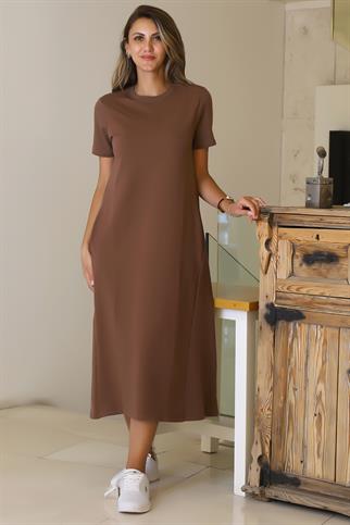 SIFIR YAKA KISA KOLLU KAHVE KADIN ELBİSE S0014266-2Y5