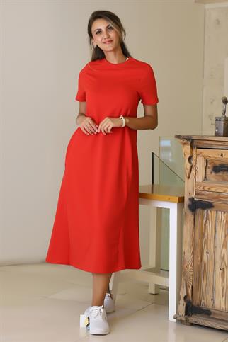 SIFIR YAKA KISA KOLLU KIRMIZI KADIN ELBİSE  S0014266-2Y5