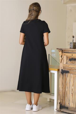SIFIR YAKA KISA KOLLU SİYAH  KADIN ELBİSE S0014266-2Y5