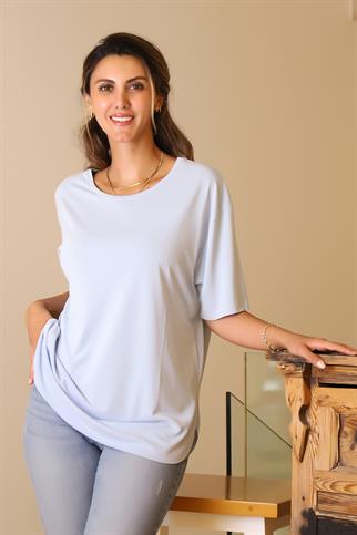 BASIC SIFIR YAKA KISA KOLLU MAVİ  KADIN T-SHİRT S0017426-2Y5