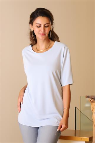 BASIC SIFIR YAKA KISA KOLLU MAVİ  KADIN T-SHİRT S0017426-2Y5
