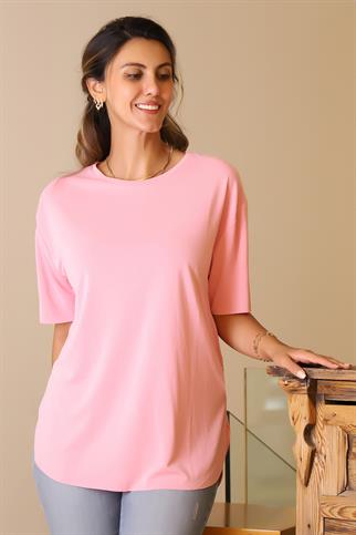 BASIC SIFIR YAKA KISA KOLLU PEMBE KADIN T-SHİRT  S0017426-2Y5