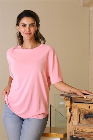 BASIC SIFIR YAKA KISA KOLLU PEMBE KADIN T-SHİRT  S0017426-2Y5