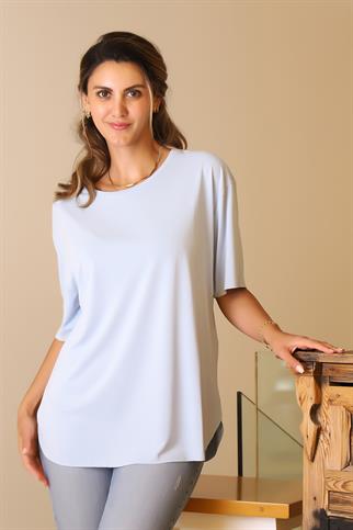 BASIC SIFIR YAKA KISA KOLLU MAVİ  KADIN T-SHİRT S0017426-2Y5