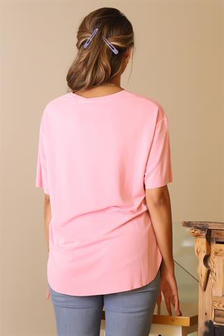 BASIC SIFIR YAKA KISA KOLLU PEMBE KADIN T-SHİRT  S0017426-2Y5