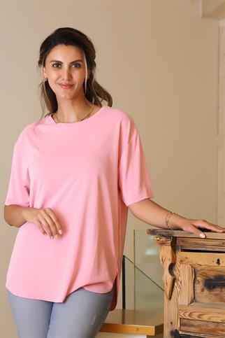 BASIC SIFIR YAKA KISA KOLLU PEMBE KADIN T-SHİRT  S0017426-2Y5