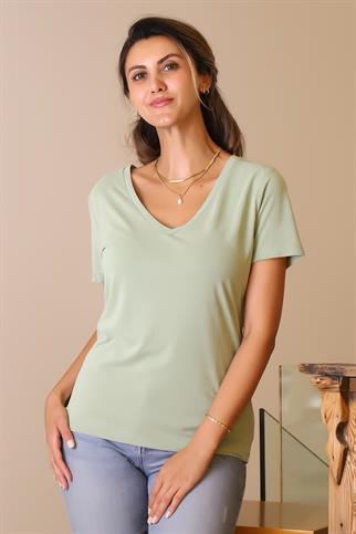 V YAKA KISA KOLLU ÇAĞLA KADIN T-SHİRT  S0017431-2Y5