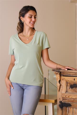 V YAKA KISA KOLLU ÇAĞLA KADIN T-SHİRT  S0017431-2Y5