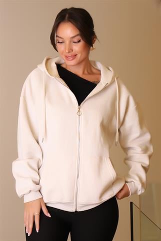 KAPÜŞONLU FERMUARLI BEJ KADIN HIRKA   W0008672-2K5