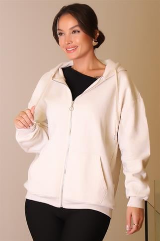 KAPÜŞONLU FERMUARLI BEJ KADIN HIRKA   W0008672-2K5