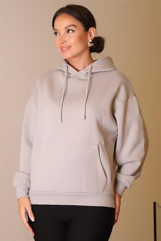 KANGURU CEPLİ KAPÜŞONLU GRİ KADIN SWEATSHİRT W0010224-2K5