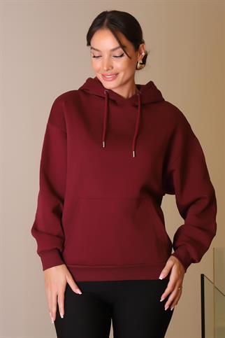 KANGURU CEPLİ KAPÜŞONLU BORDO KADIN SWEATSHİRT  W0010224-2K5