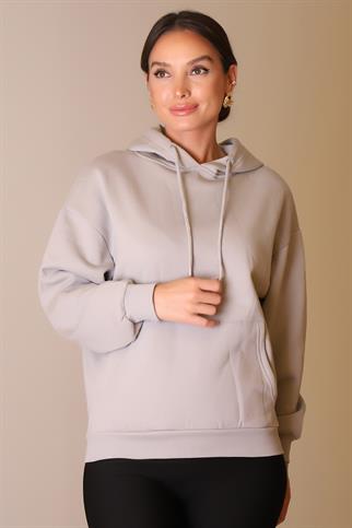 KANGURU CEPLİ KAPÜŞONLU GRİ KADIN SWEATSHİRT W0010224-2K5