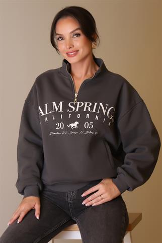 YAKASI FERMUARLI UZUN KOLLU ANTRASİT KADIN SWEATSHİRT  W0011135-2K5