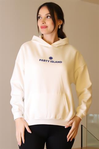 KAPÜŞONLU SIRTI YAZILI EKRU KADIN SWEATSHİRT  W0011185-2K5