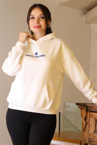 KAPÜŞONLU SIRTI YAZILI EKRU KADIN SWEATSHİRT  W0011185-2K5