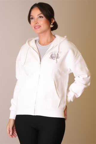 UZUN KOLLU KAPÜŞONLU EKRU KADIN SWEATSHİRT  W0011238-2K5