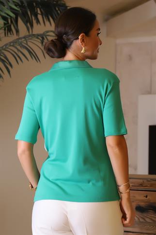 YAKASI TAŞLI KISA KOLLU YEŞİL KADIN BLUZ 001-2Y4