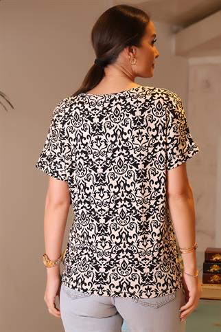 ETNİK DESENLİ KISA KOLLU SİYAH  KADIN BLUZ 027-2Y4