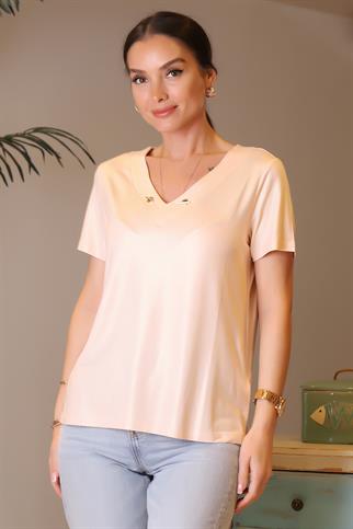 V YAKALI TOKA DETAYLI PUDRA KADIN BLUZ 029-2Y4