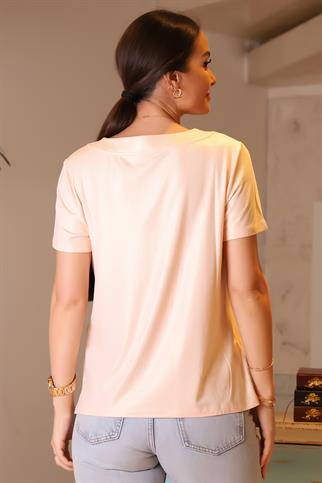 V YAKALI TOKA DETAYLI PUDRA KADIN BLUZ 029-2Y4