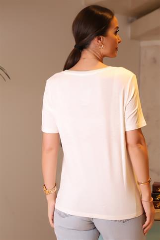 YAKASI DESENLİ KISA KOLLU EKRU KADIN BLUZ 038-2Y4