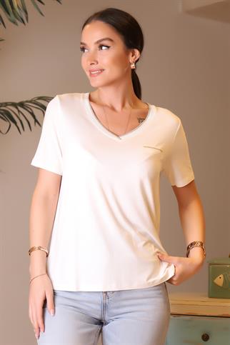 YAKASI DESENLİ KISA KOLLU EKRU KADIN BLUZ 038-2Y4