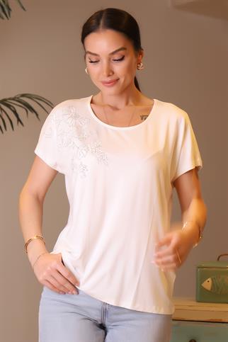 BİSİKLET YAKA İŞLEMELİ EKRU KADIN BLUZ 044-2Y4