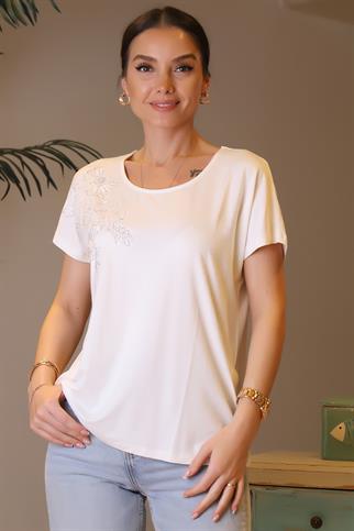 BİSİKLET YAKA İŞLEMELİ EKRU KADIN BLUZ 044-2Y4