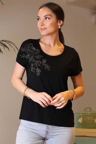 BİSİKLET YAKA İŞLEMELİ SİYAH KADIN BLUZ 044-2Y4