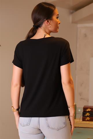 BİSİKLET YAKA İŞLEMELİ SİYAH KADIN BLUZ 044-2Y4