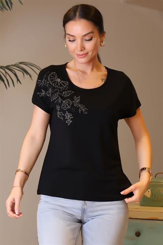 BİSİKLET YAKA İŞLEMELİ SİYAH KADIN BLUZ 044-2Y4
