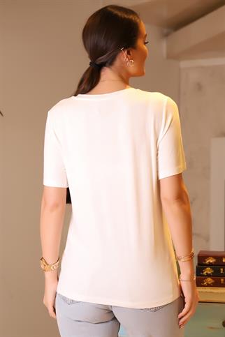 KELEBEK İŞLEMELİ KISA KOLLU EKRU KADIN BLUZ  047-2Y4