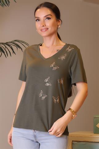 KELEBEK İŞLEMELİ KISA KOLLU HAKİ KADIN BLUZ 047-2Y4